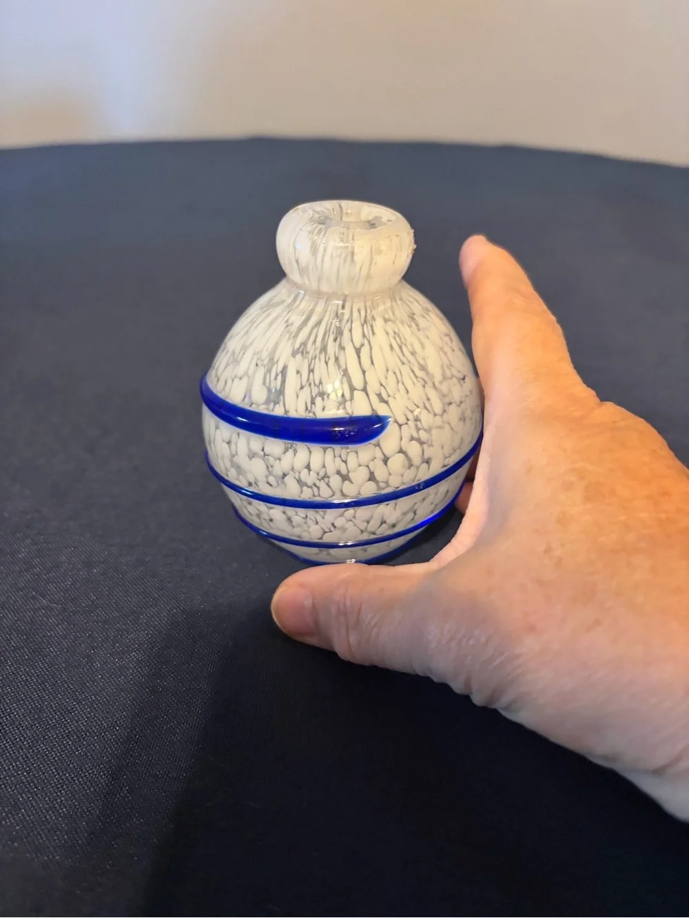 Rare Cobalt Blue Swirls Bud Vase With White Crackled Glass 3 “ Tall.